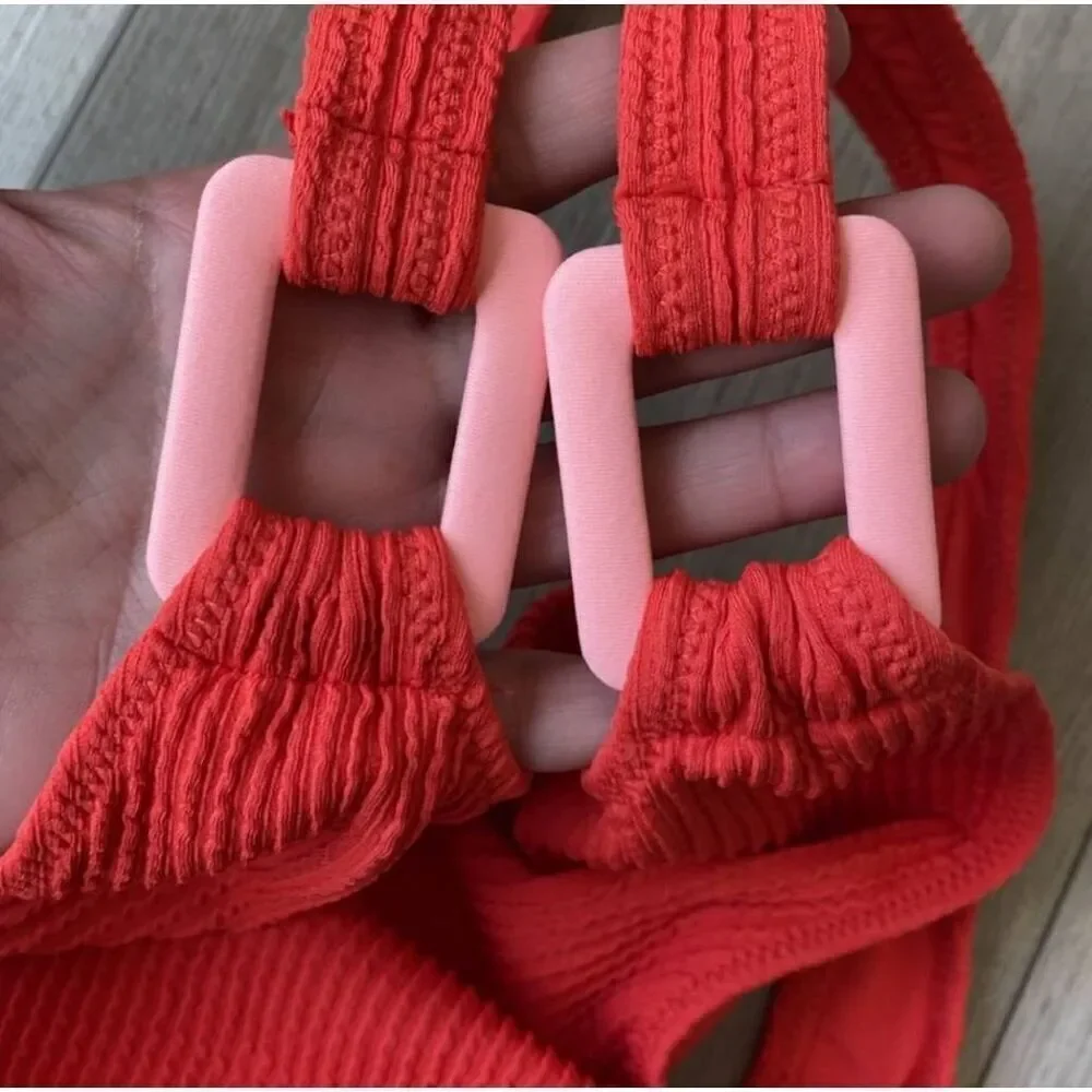 Aerie Red & Pale Pink Ribbed One Piece Swim Suit New With Tags Size Large - Picture 3 of 5